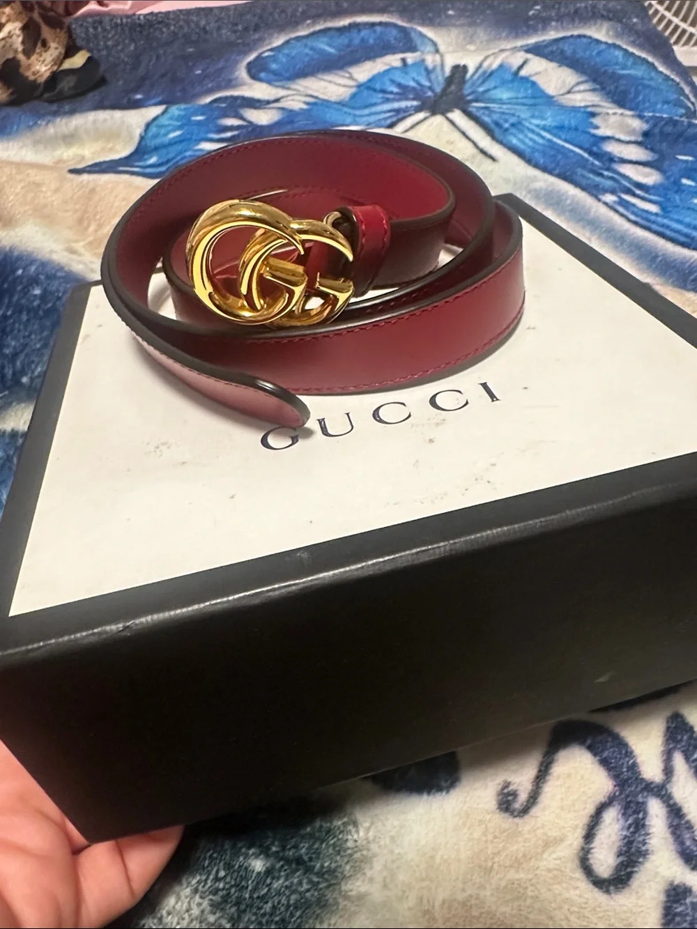 Gucci Burgundy Leather Belt with Gold Double G Buckle